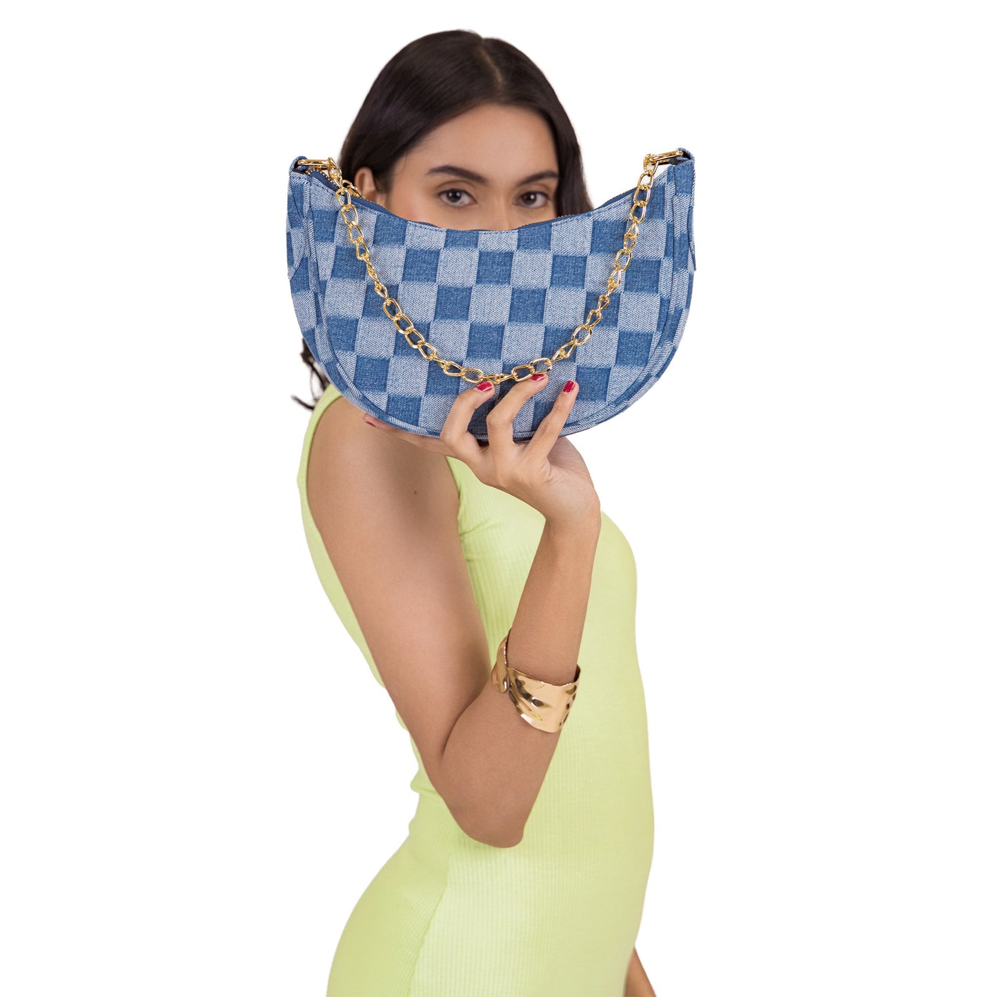 Denim Indigo Chess Chain Bag